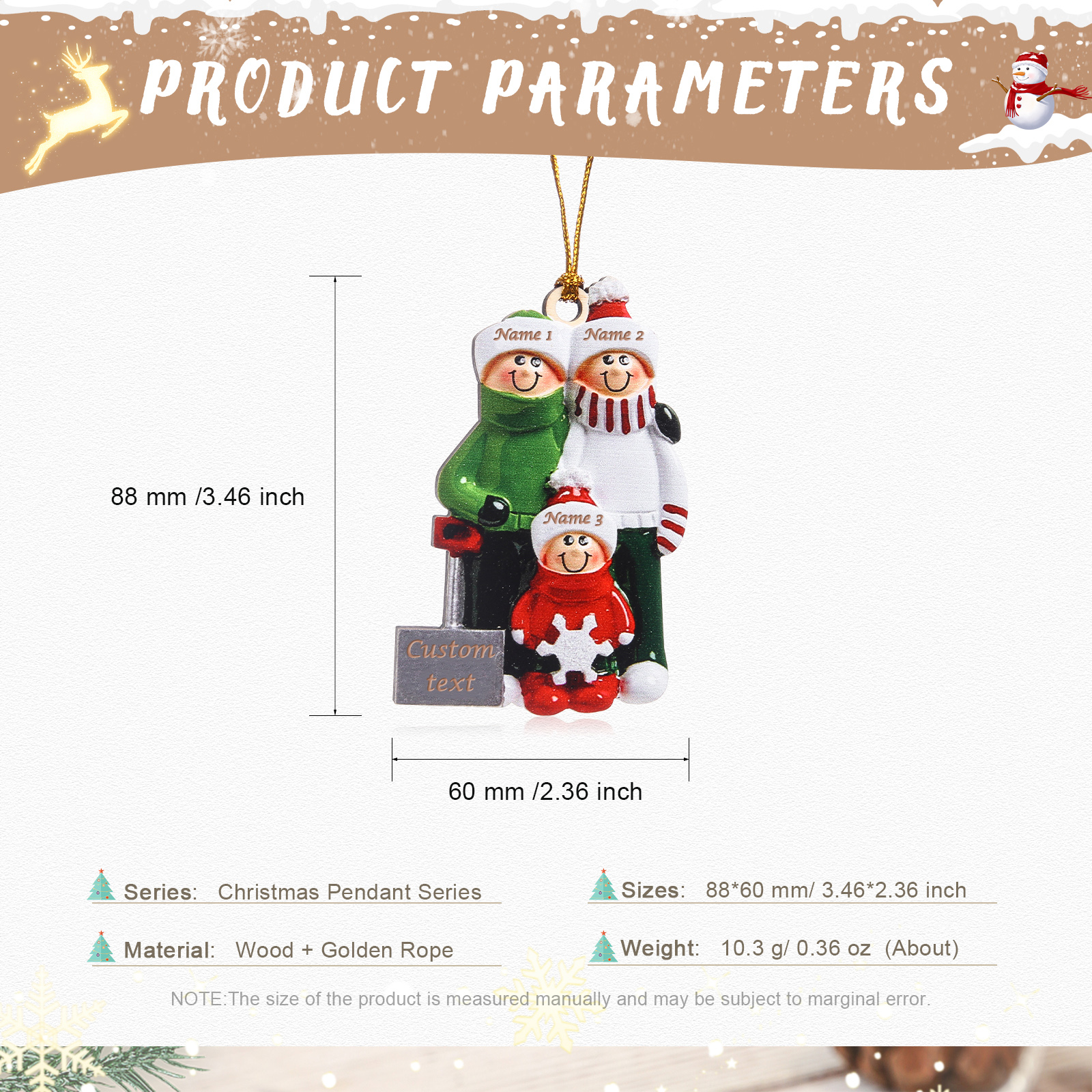 Holz Personalisierte 3 Namen & Jahr Schneeschaufelteam Weihnachtsornament Weihnachtsbaum Anhänger mit 3 Familienmitgliedern