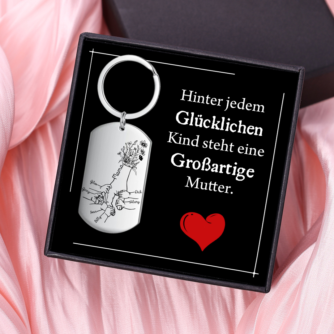 Personalisierbare 7 Namen Blume Hand Familie Schlüsselanhänger-Hinter jedem Glücklichen Kind steht eine Großartige Mutter-Geschenk mit Nachrichtenkarte