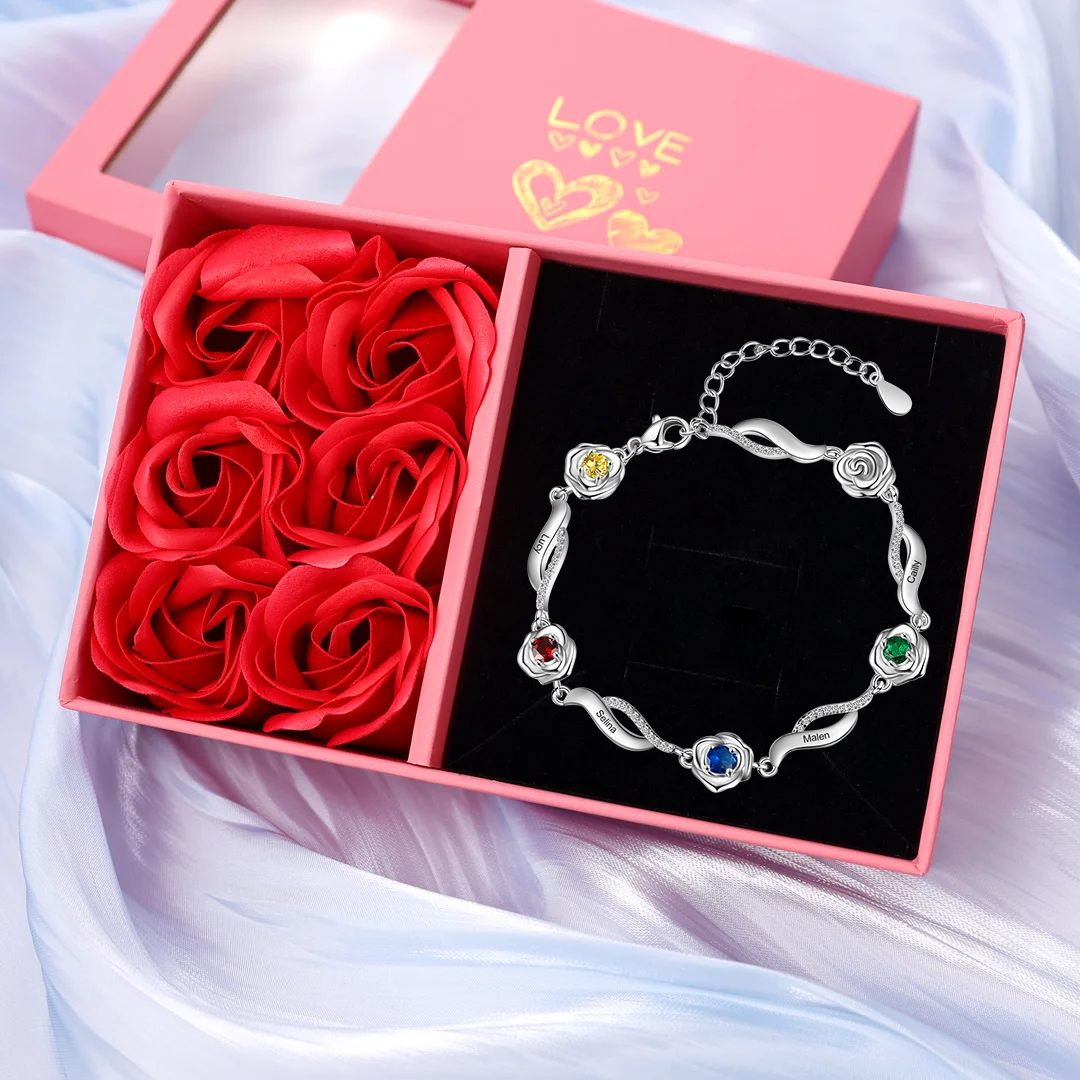 Gravur 3 Namen Rose Blume Armband mit 3 Geburtssteinen 