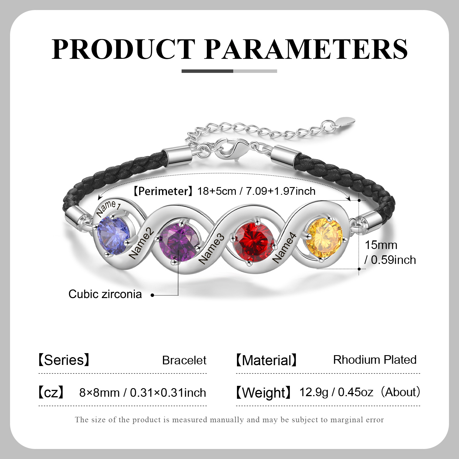 Personalisierte 4 Namen & 4 Geburtssteine Infinity Handseil Armband