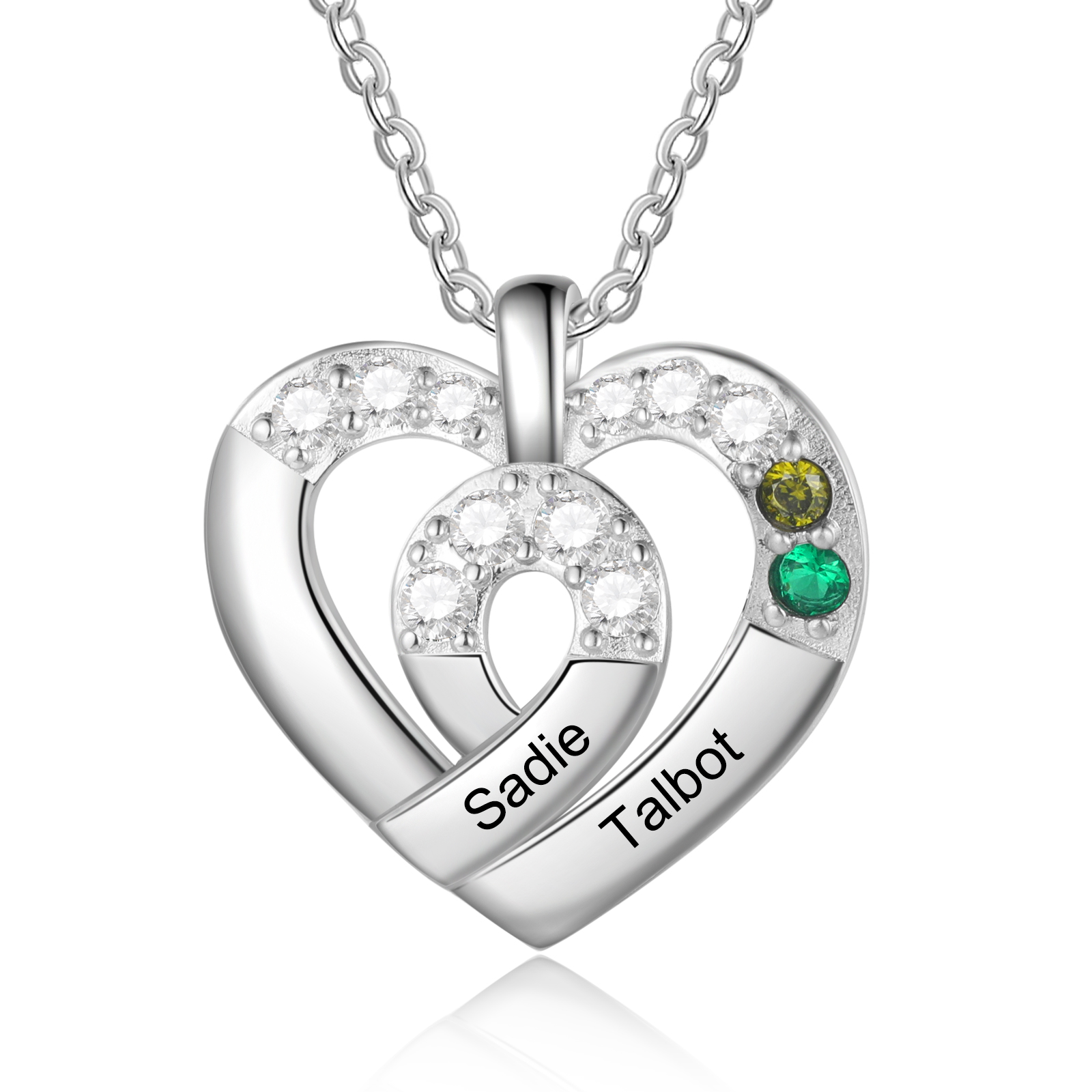 Personalisierte 2 Namen & 2 Geburtssteine Herz Halskette mit Zirkonia für Großmutter