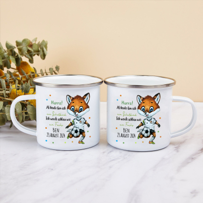 Schulanfang Geschenkset-Personalisierter Name & Datum Emaille Tasse & Personalisierte 2 Texte Stifteetui & Dino Armbänder Set - Geschenk für Schulkind mit Geschenk Box