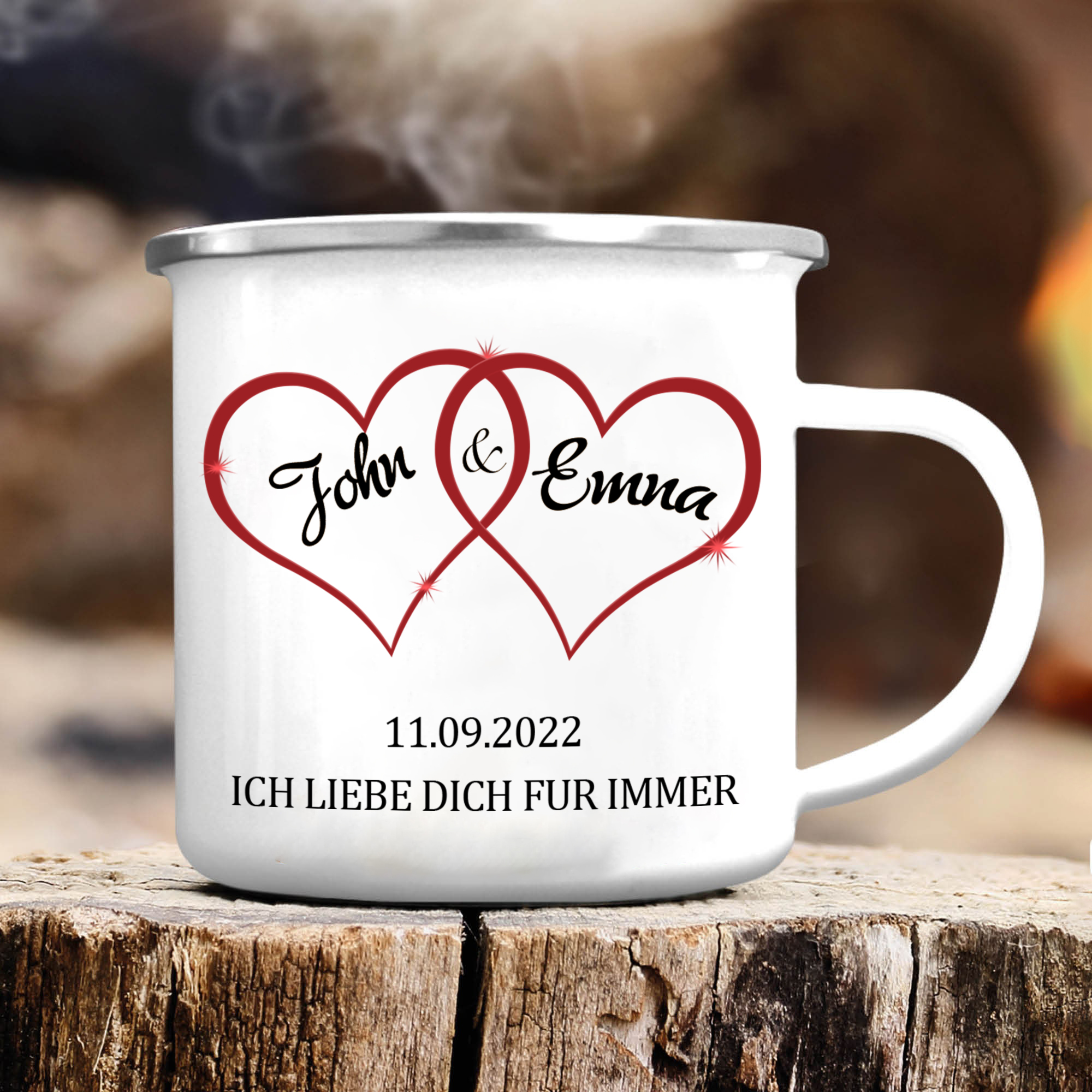 Emaille Tasse-Personalisierte 2 Namen & Datum & Text Emaille Becherfür Paare