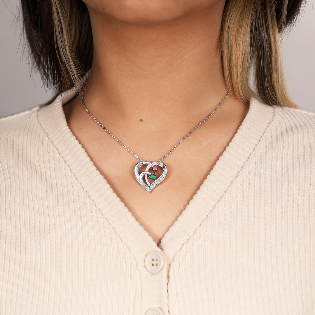 925 Sterling Silber Personalisierte 2 Namen Herz Halskette mit 2 Geburtssteinen