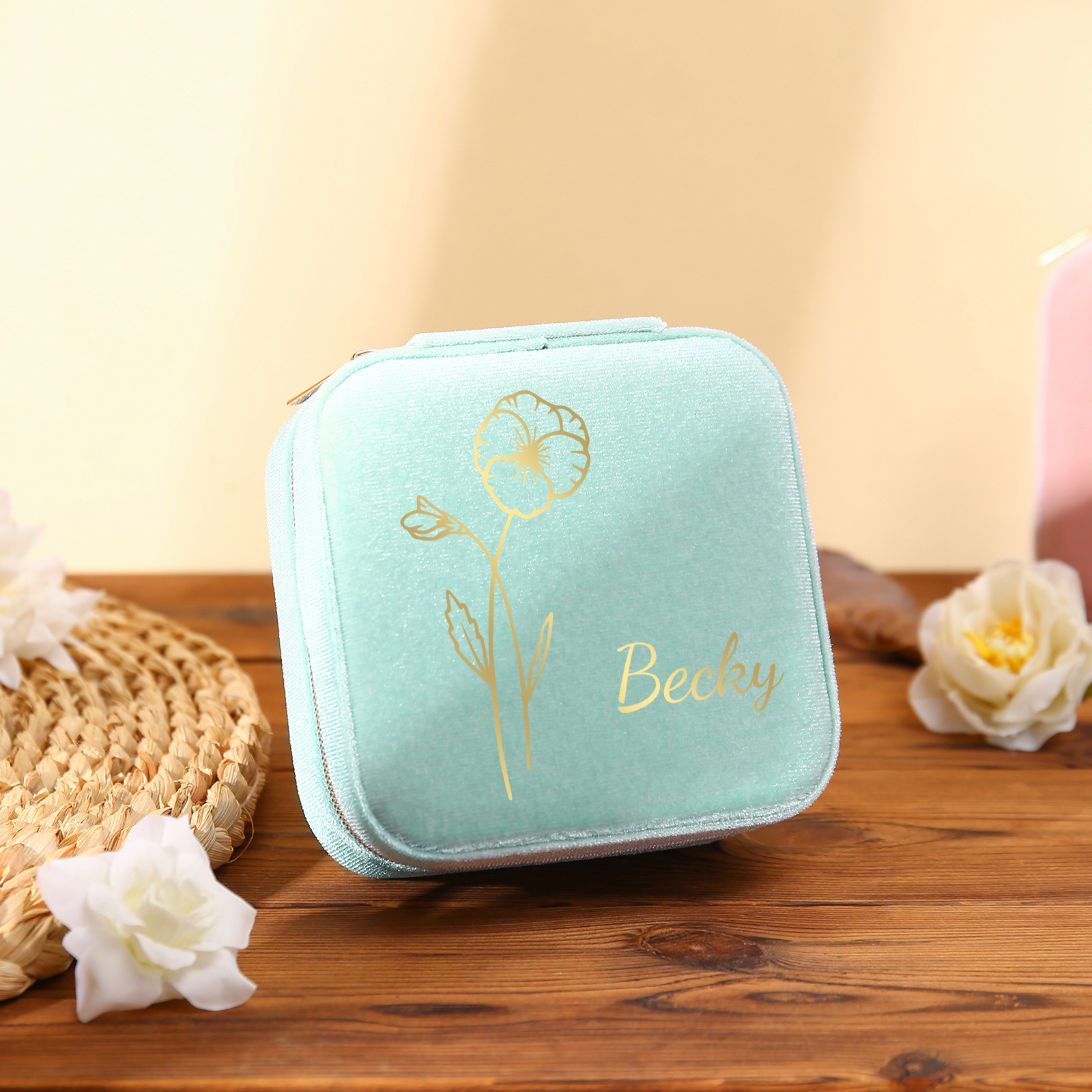 Personalisierbarer Name & Geburtsblume Velvet Schmuckaufbewahrung Schmuckzubehör Aufbewahrungsbox für Schmuck