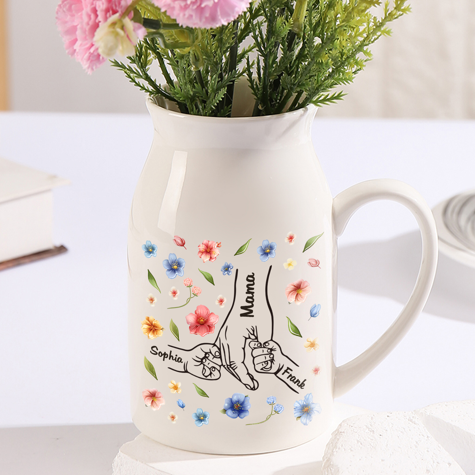 Personalisierte 3 Namen Bunte Blumen Hand in Hand Familie Vase