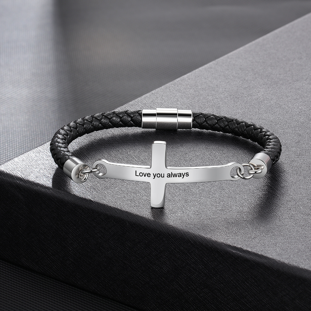Kommunion Herren Lederarmband mit Kreuz personalisierter Armband mit Grauvr