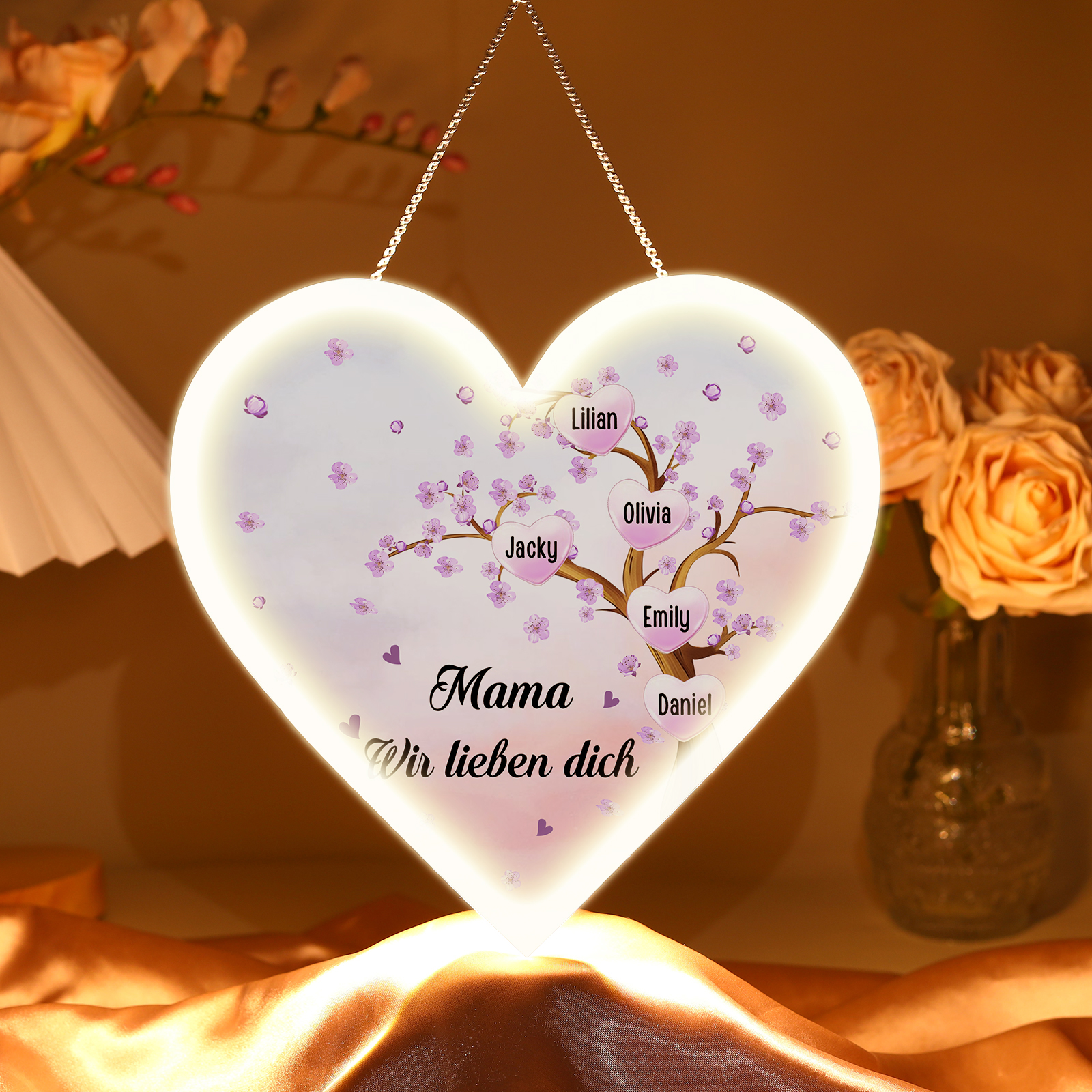 Personalisierte 5 Namen & Text Pflaumenblüte Herz Ornament Licht Acryl Hängender Geschenk für Mutter