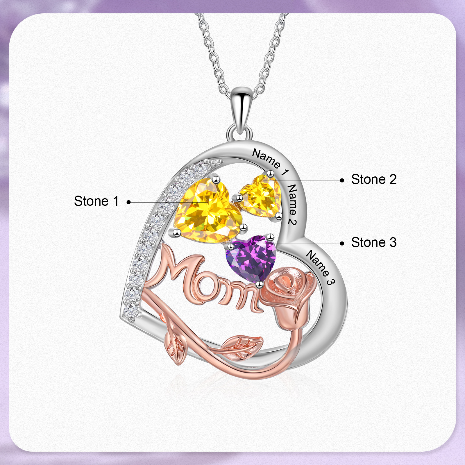 Personalisierte 3 Namen Herz Rose Gravur "MOM" Halskette mit 3 Geburtssteinen