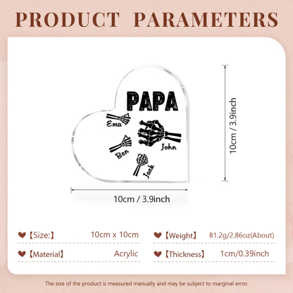 Personalisierte 4 Namen Acryl-Deko Papa Skelett Hand Schreibtischdekoration für Vater