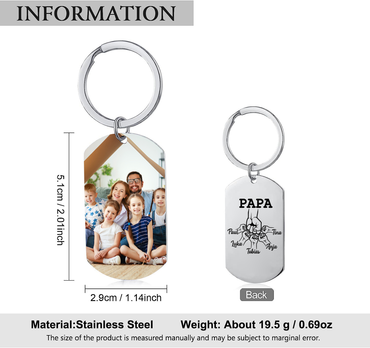 Personalisierbares Foto & 5 Namen Papa Faust Schlüsselanhänger-Geschenk für Vater