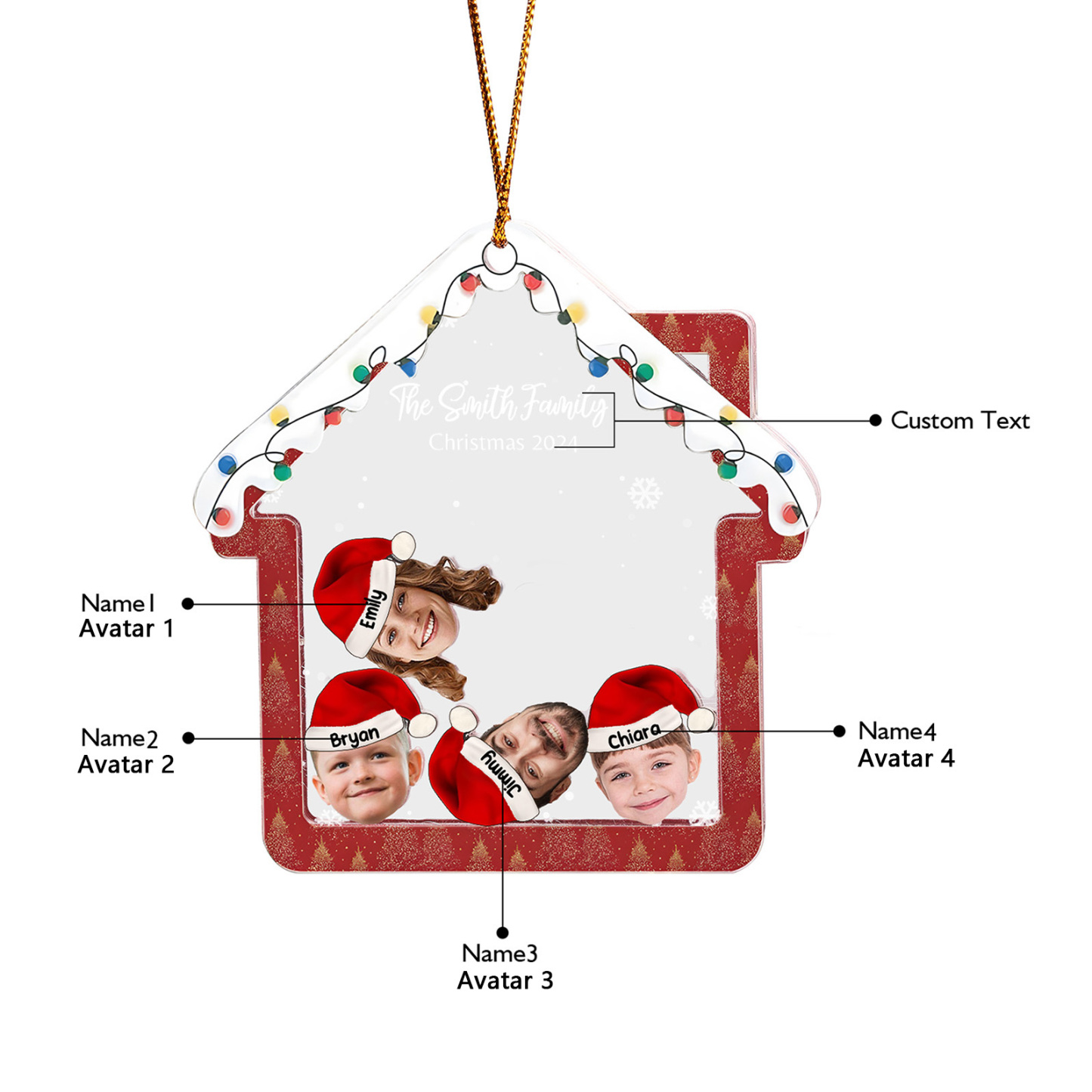 Holz Weihnachtsornament – Personalisierter Text & 2-6 Namen & 2-6 Avatare – Festliche Weihnachtsbaum-Dekoration
