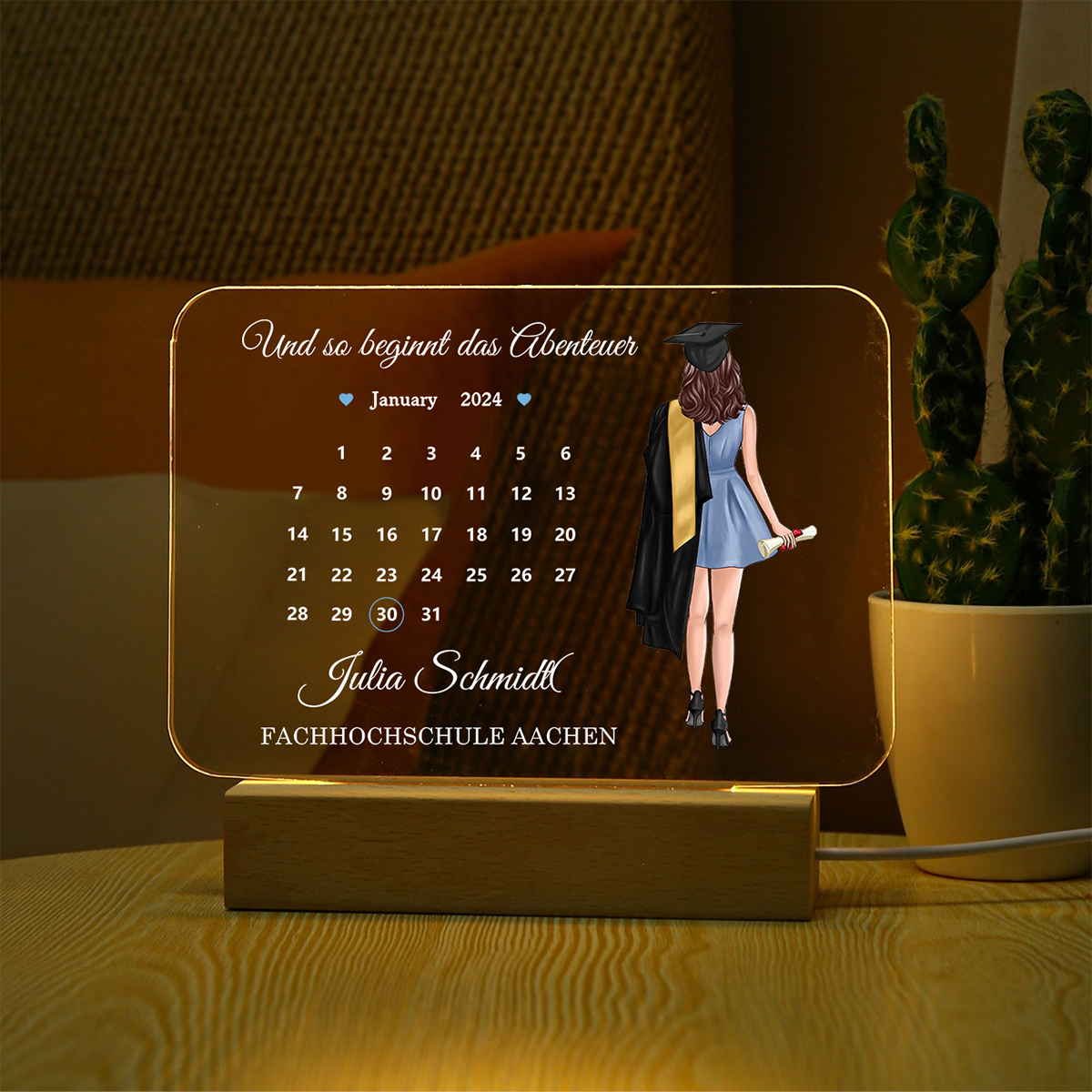 Personalisierter Name & Datum & Text - Und so beginnt das Abenteuer - Abitur Nachtlicht Geschenk zum Abschluss