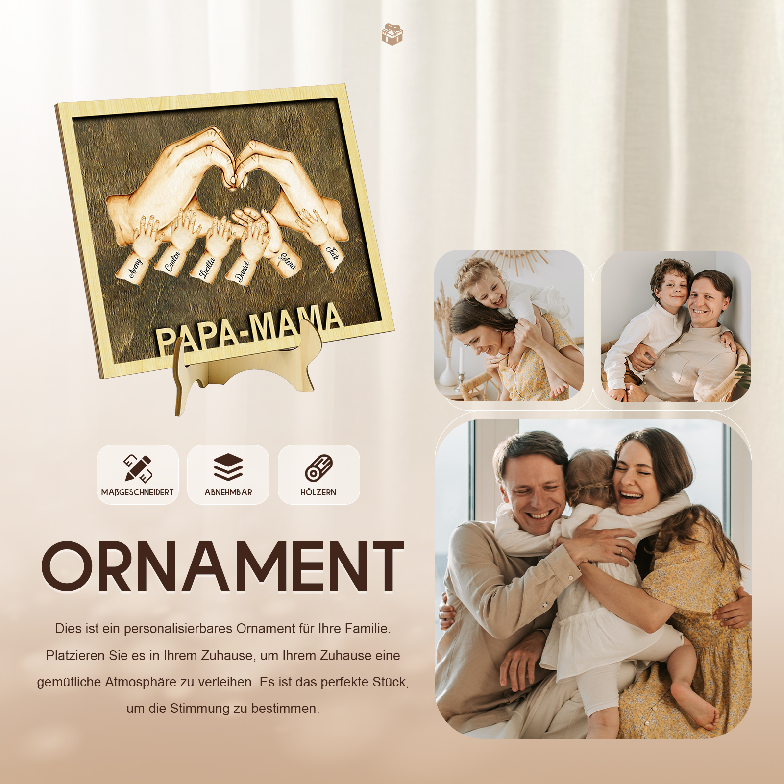 PAPA-MAMA Holz Deko-Personalisierbare 6 Namen Ornament Familie Hand in Hand Holzdekoration für Eltern