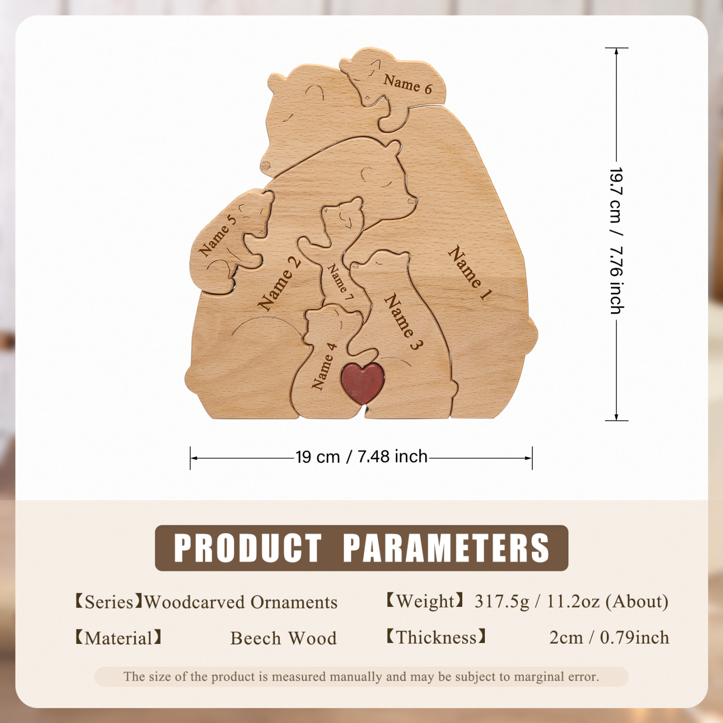 Holzskulptur-Personalisierte 7 Namen Bär Umarmung Familie Holz Deko