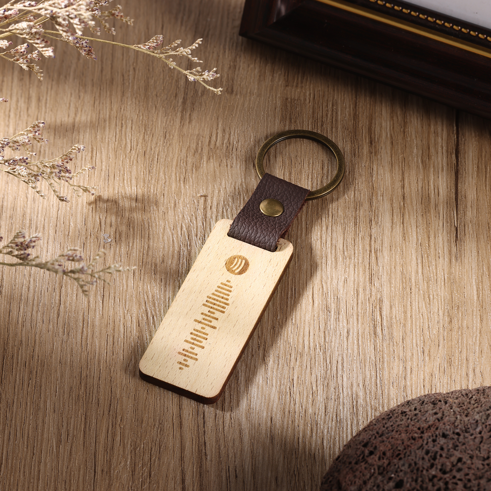 Personalisierter Text & Spotify Code PU Leder Holz Birke Schlüsselanhänger