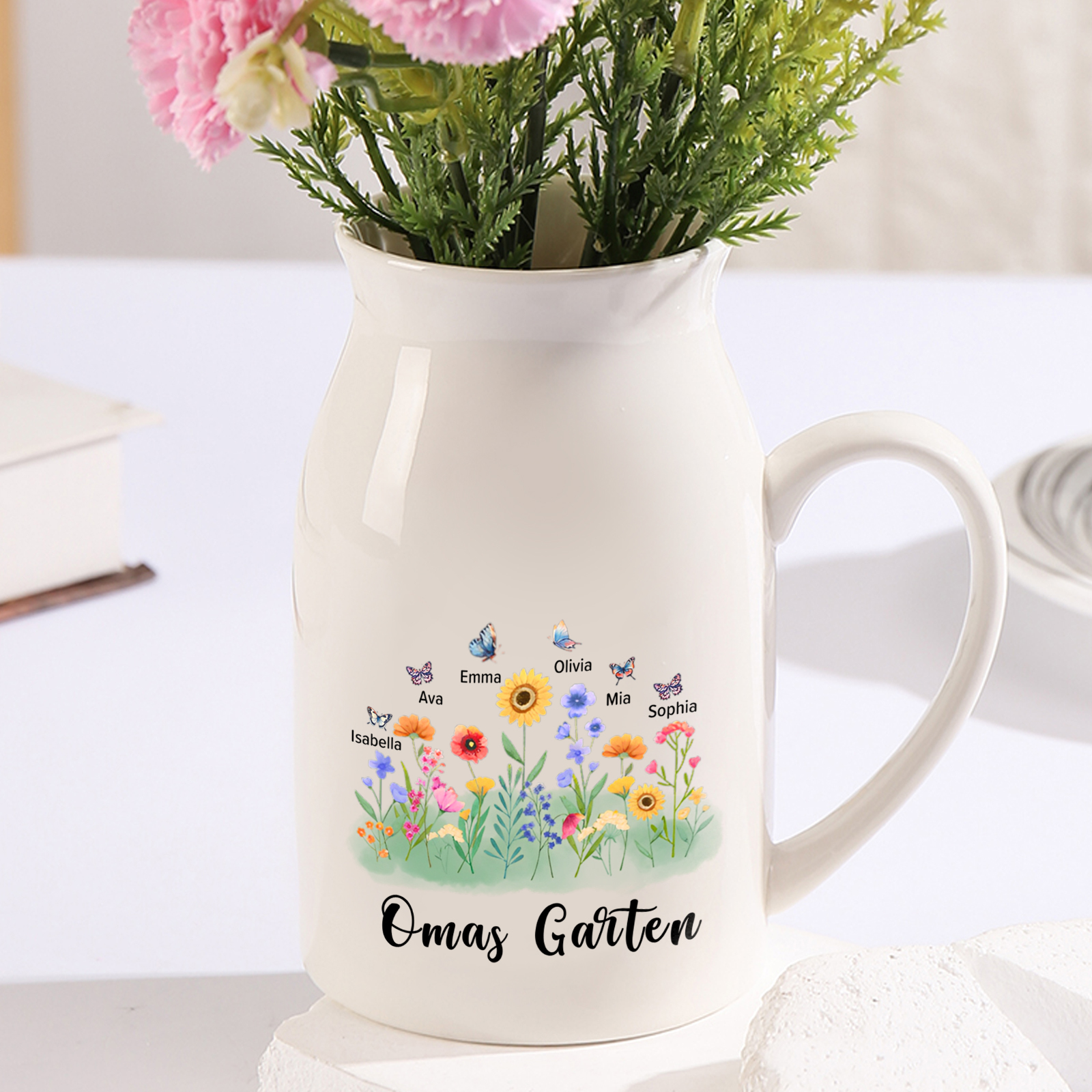 Personalisierte 6 Namen & Text Blumen & Schmetterling Familie Vase