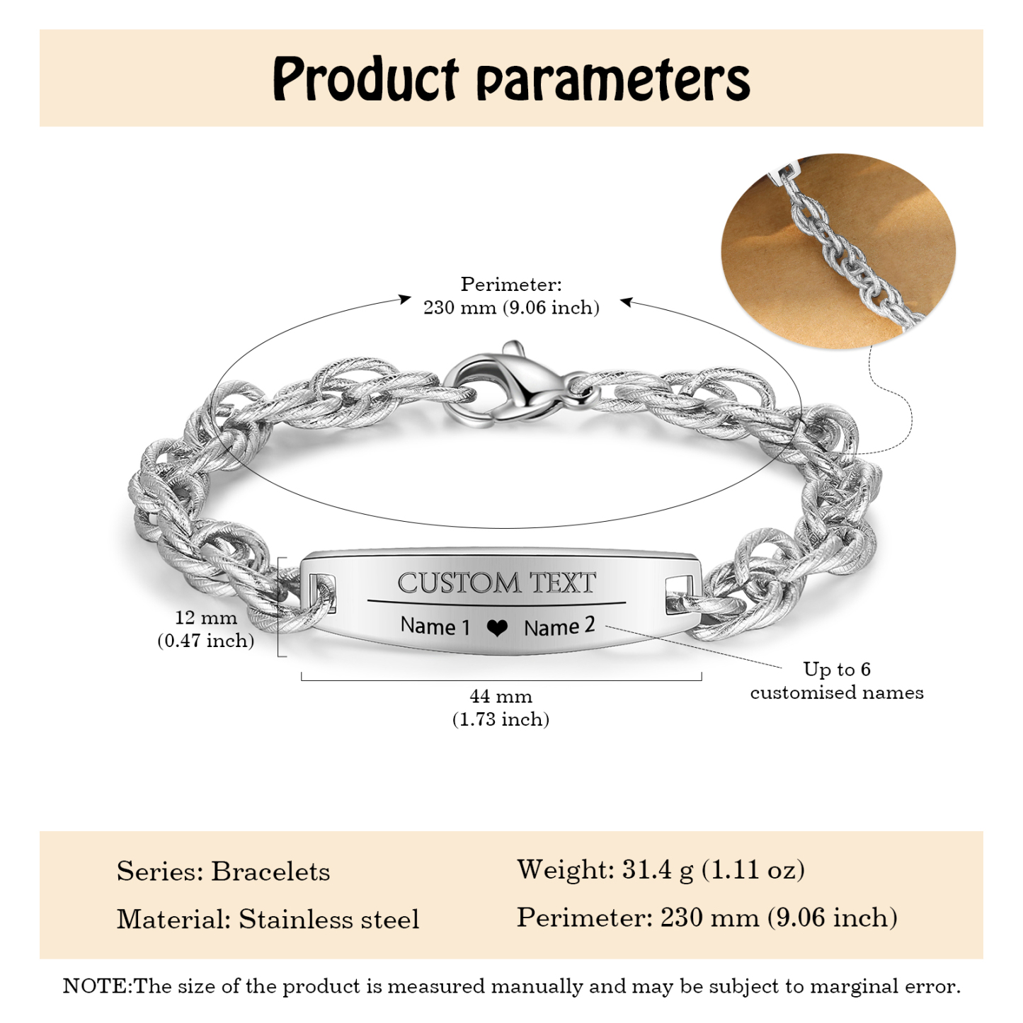 Herren Armband-Personalisiertes 2 Namen & Text Edelstahl Armband 