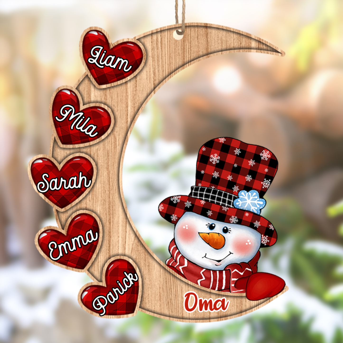 Holz Weihnachtsornament-Personalisierte 2-13 Namen Schneemann Halbmond Ornament
