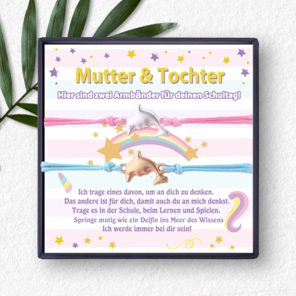 Delfin Armbänder Set mit 2 Ketten-Mutter & Tochter Springe mutig wie ein Delfin ins Meer des Wissens-Schulanfang Geschenk mit Nachrichtenkarte