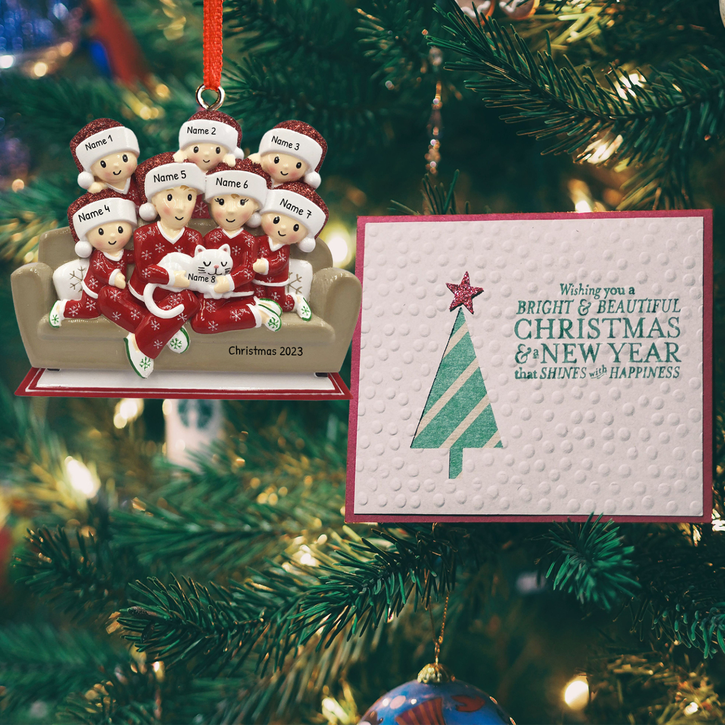 Holz Personalisiertes  3 Namen + 1 Katze Name & Text Weihnachtsornament