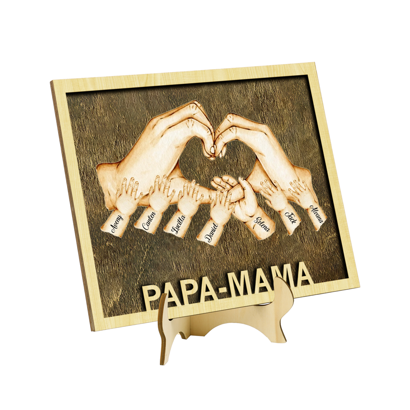 PAPA-MAMA Holz Deko-Personalisierbare 7 Namen Ornament Familie Hand in Hand Holzdekoration für Eltern