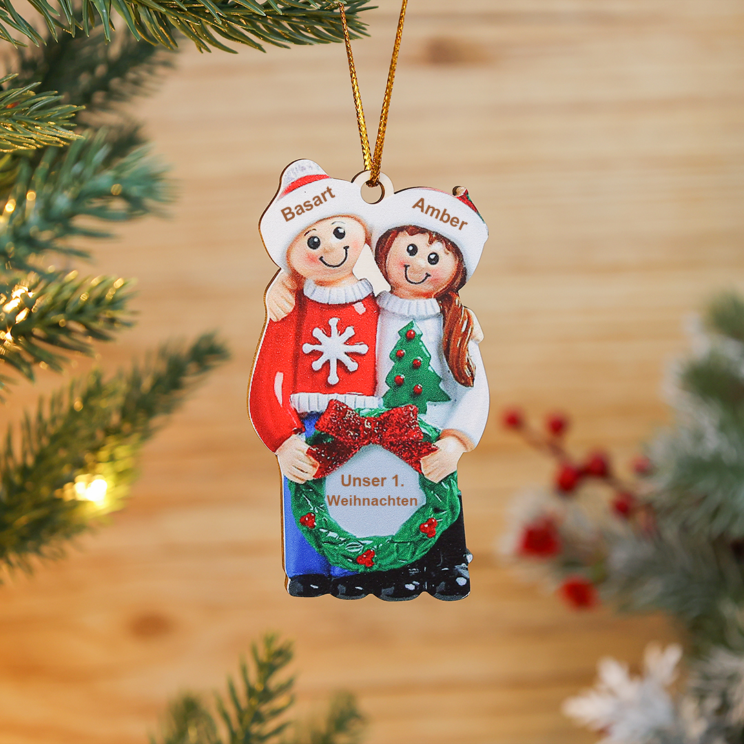Holz Personalisierte 2 Namen & Text Mistel Liebespaar Weihnachtsornament Weihnachtsbaum Anhänger mit 2 Familienmitgliedern
