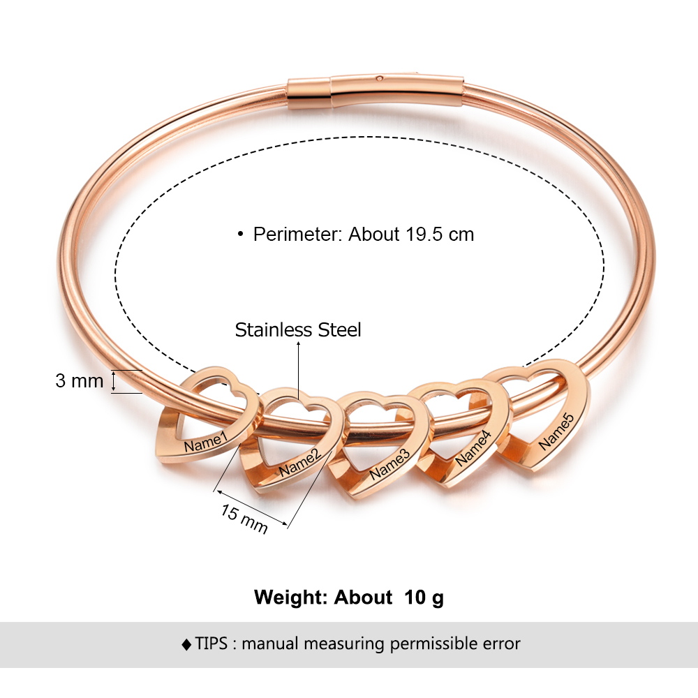 Gravur 5 Namen Herz Armband Armreif mit Herzanhängern