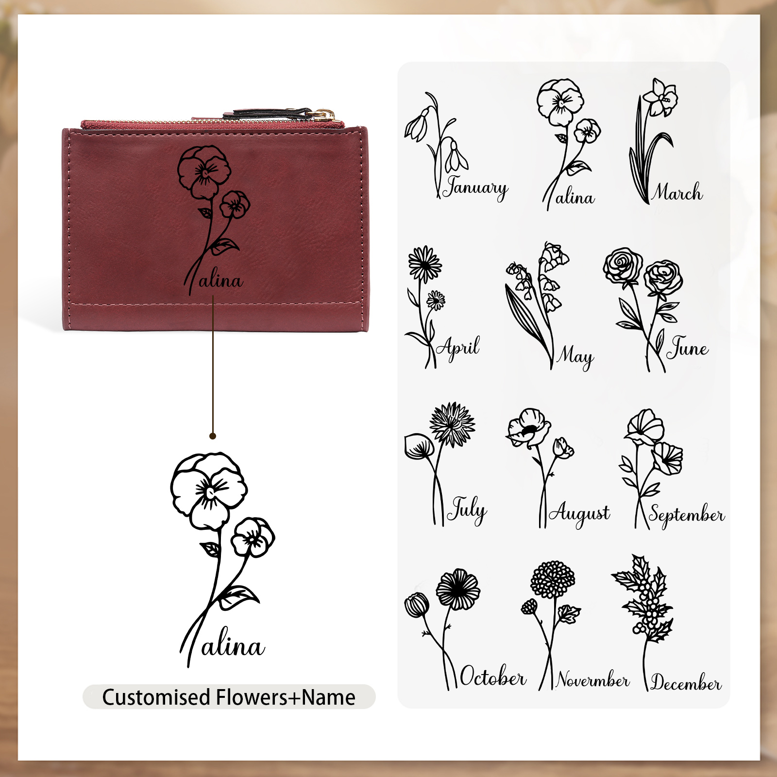 Damen Personalisierter Text & Name & Geburtsblume PU Leder Geldbörse