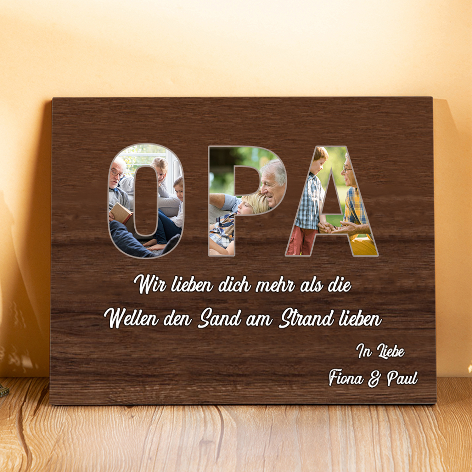 Opa Holzbild - Personalisierter Text & 5 Fotos-Wir lieben dich-Holzdekoration