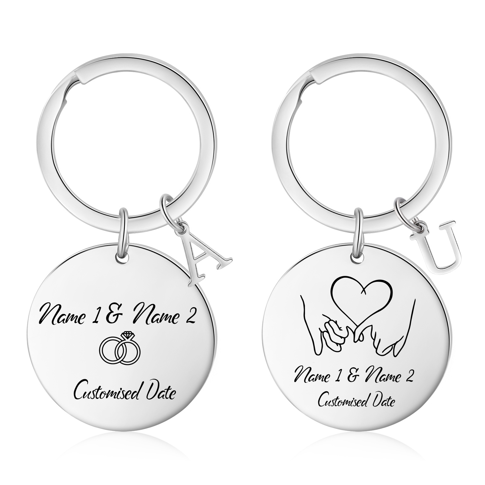 Personalisierte 2 Namen & 2 Datum & 2 Buchstaben Schlüsselanhänger & Geschenkkarte Geschenkbox Set für Paar