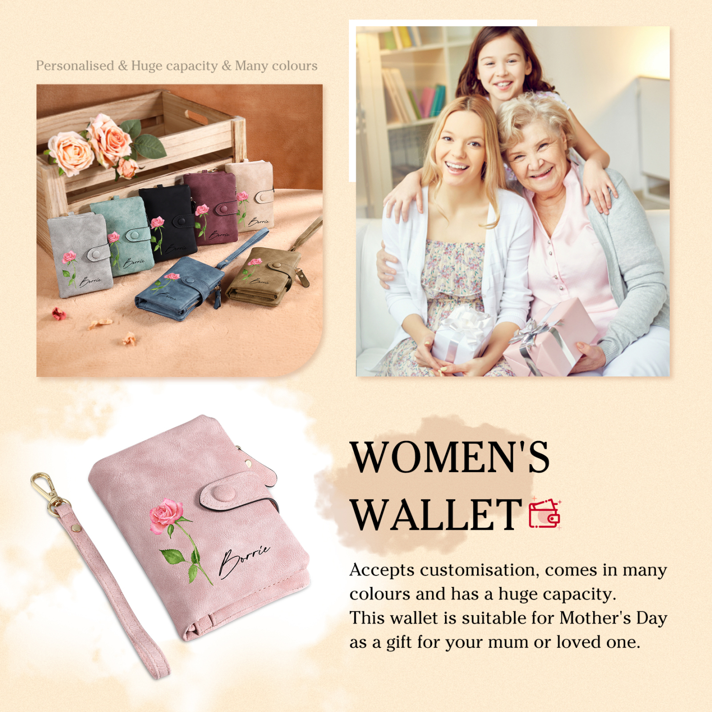 Damen Personalisierter Name & Geburtsblume PU Leder Geldbörse
