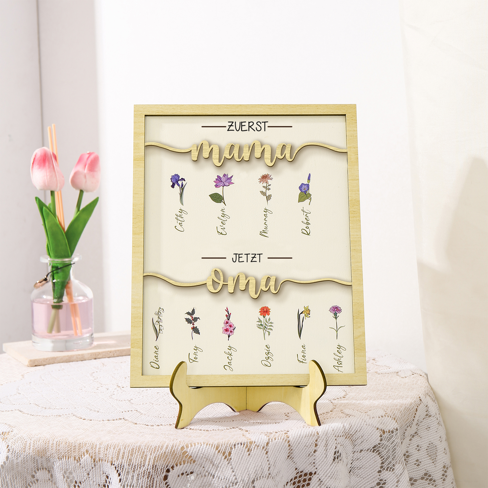 Holz Deko-Personalisierbare 9 Namen & Geburtsblume Ornament Zuerst Mama Jetzt Oma Holzdekoration für Mutter/Großmutter