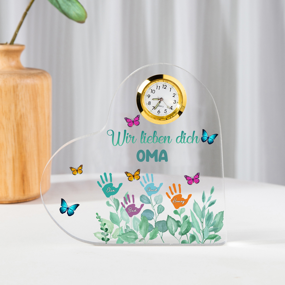 Acryl-Deko mit Uhr-Personalisierte 4 Namen & Text Garten Schreibtischdekoration für Familie