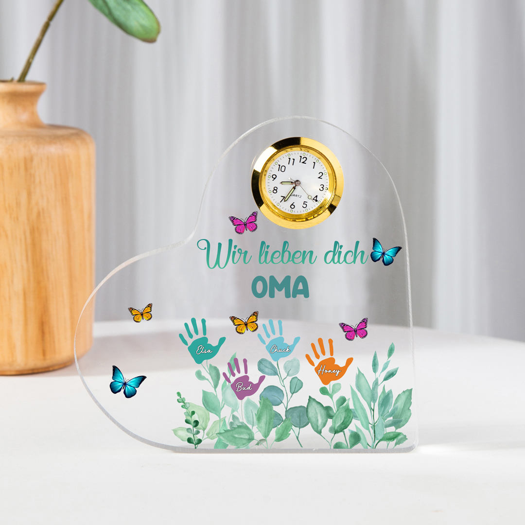 Acryl-Deko mit Uhr-Personalisierte 4 Namen & Text Garten Schreibtischdekoration für Familie