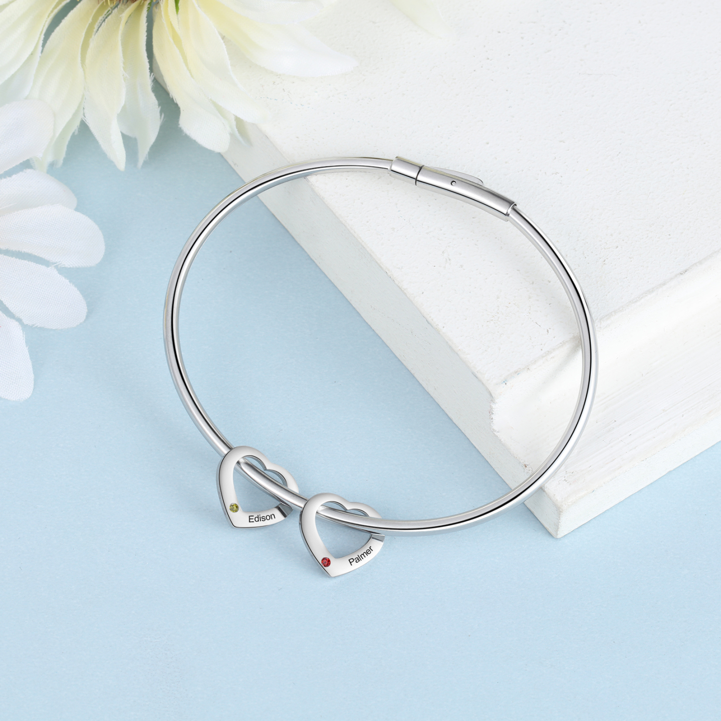 Personalisierter 2 Namen & 2 Geburtssteinen Silbernes Herz-Anhänger-Armband & Herz Halskette Geschenkset
