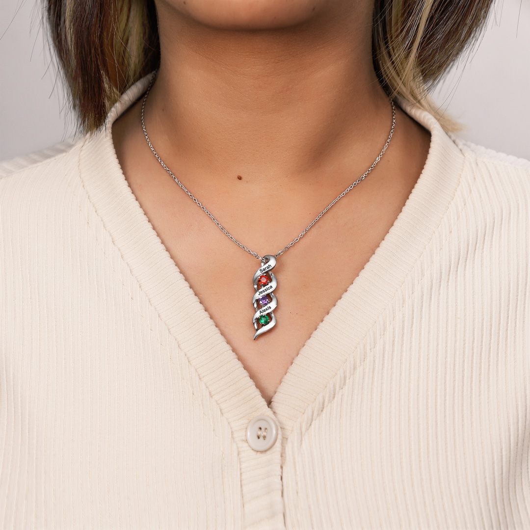 925 Sterling Silber Personalisierte 3 Namen DNA Halskette mit 3 Geburtssteinen