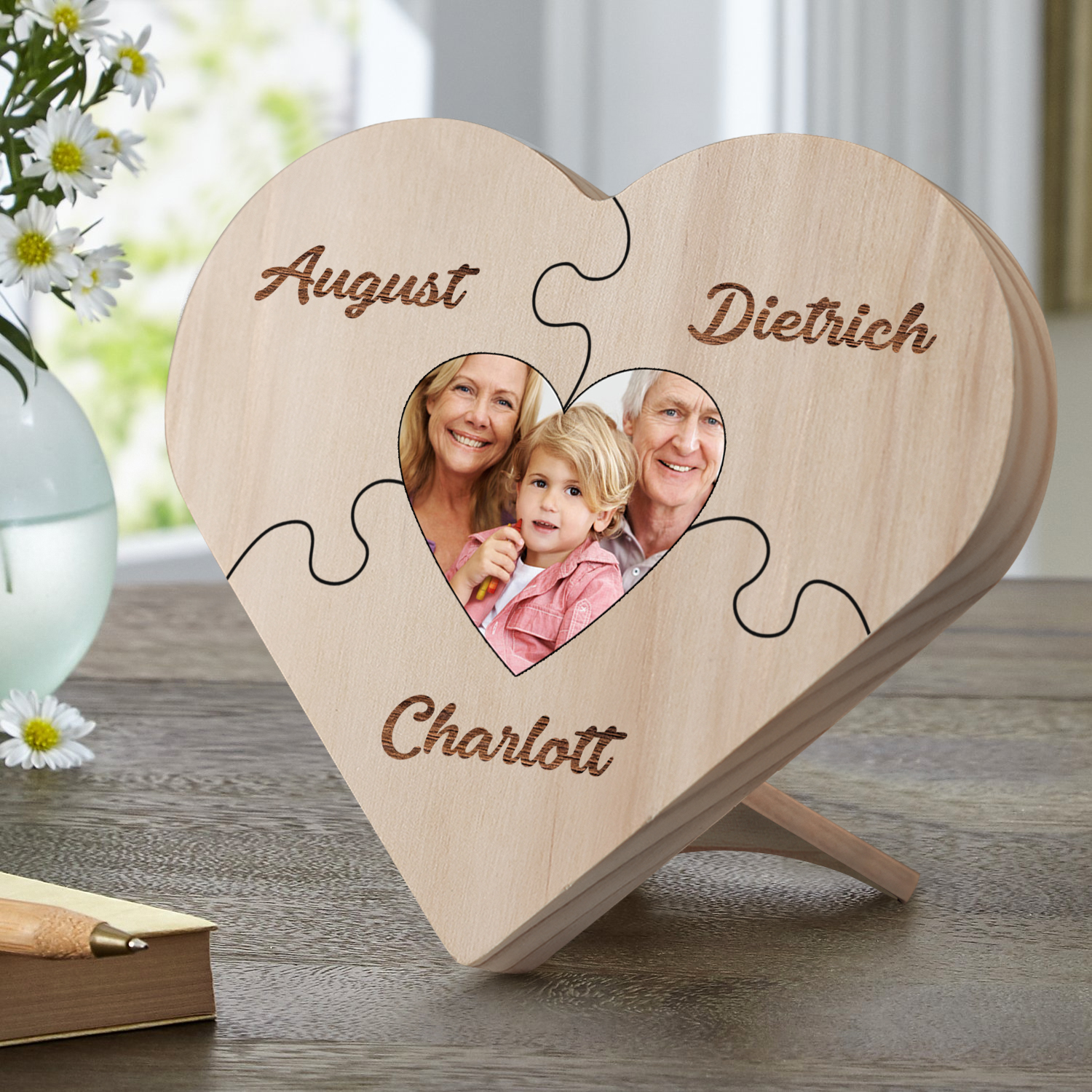Familie Herzholz-Deko-Personalisiertes Foto & 3 Namen Puzzle Schreibtischdekoration Holz Ornament