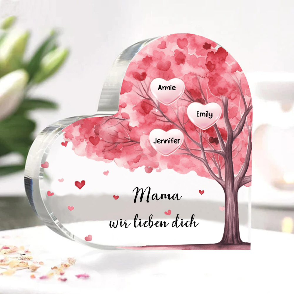 Personalisierte 3 Namen & Text Rosa Familienbaum Familie Acryl-Deko Schreibtischdekoration für Mutter