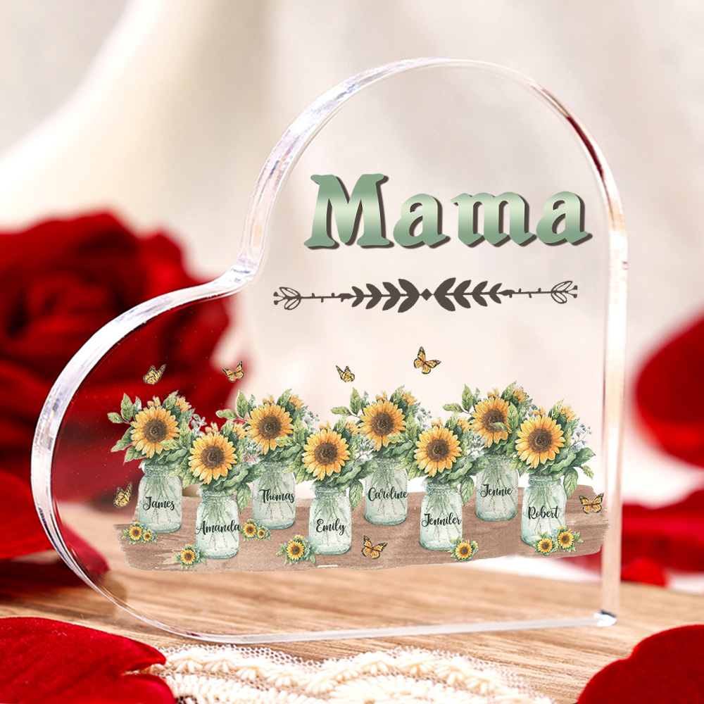Personalisierte 8 Namen & Text Familie Sonnenblume Acryl-Deko Schreibtischdekoration für Mutter