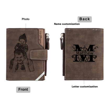 Herren Personalisierte Foto & Name & Buchstabe PU Leder Braun Geldbörse mit Reißverschluss