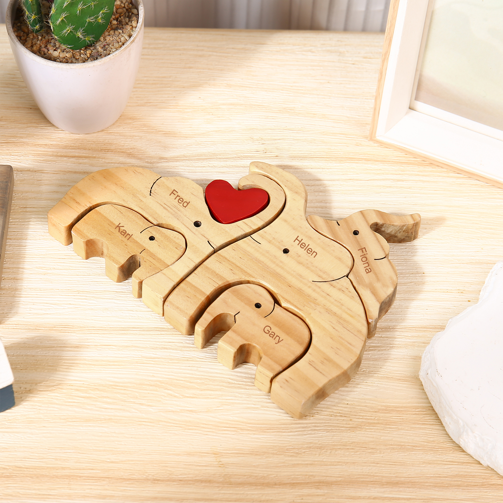Holzskulptur-Personalisierte 5 Namen Elefanten Familien Holz Deko für Familie