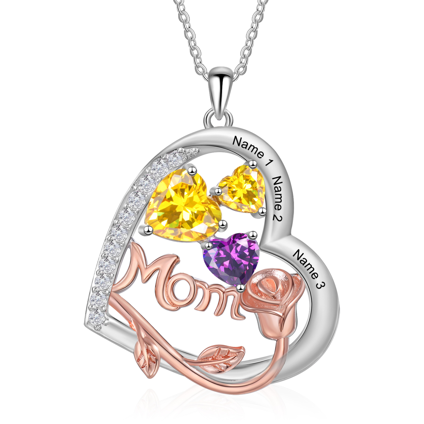 Personalisierte 3 Namen Herz Rose Gravur "MOM" Halskette mit 3 Geburtssteinen