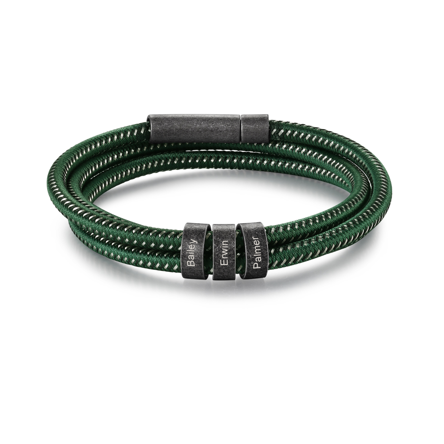 Herren Schmuck-Personalisierte 3 Namen Vintage Edelstahl Perlen Armband mit Grün Nylon Kette