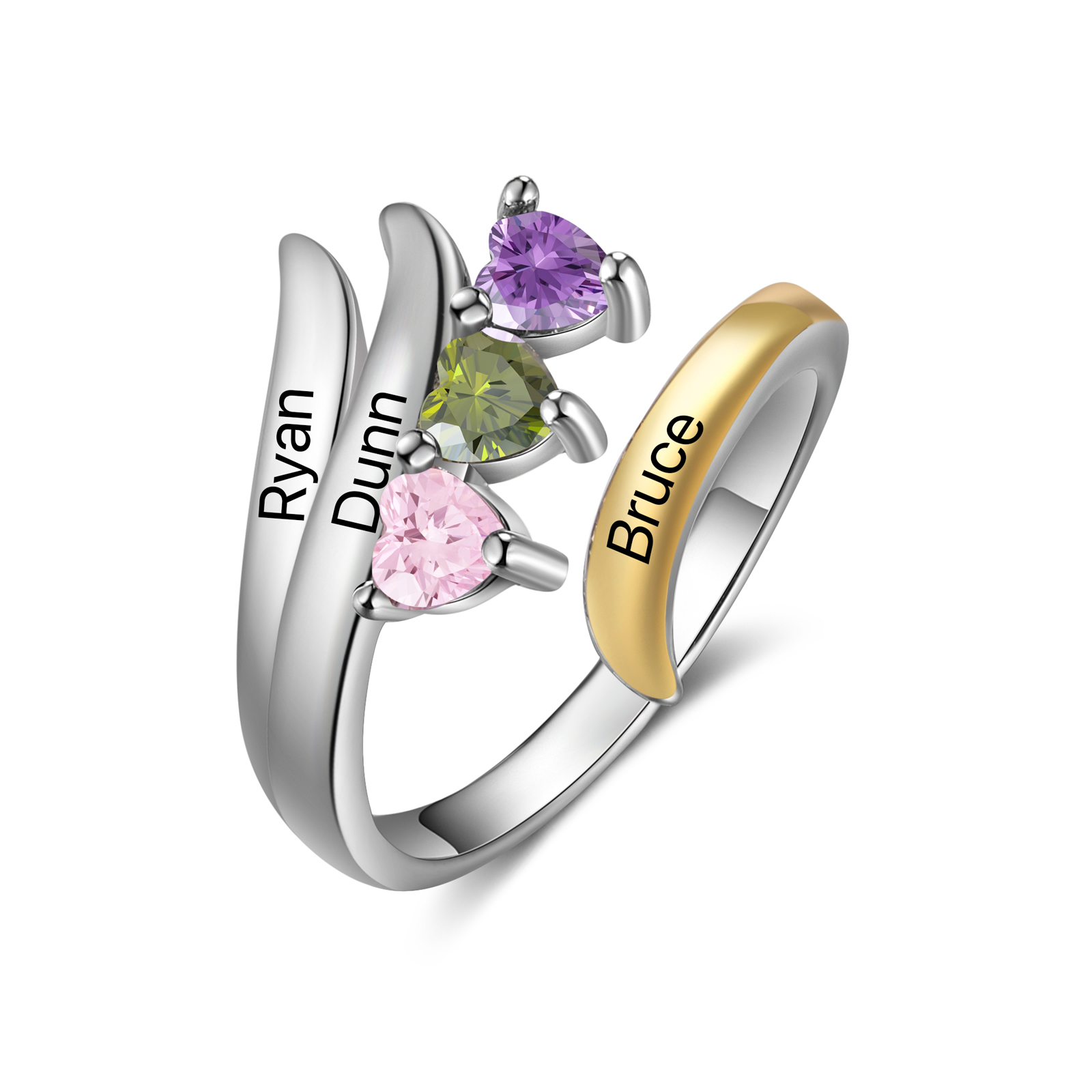 Personalisierte 3 Geburtssteine & 3 Namen Offener Familie Ring