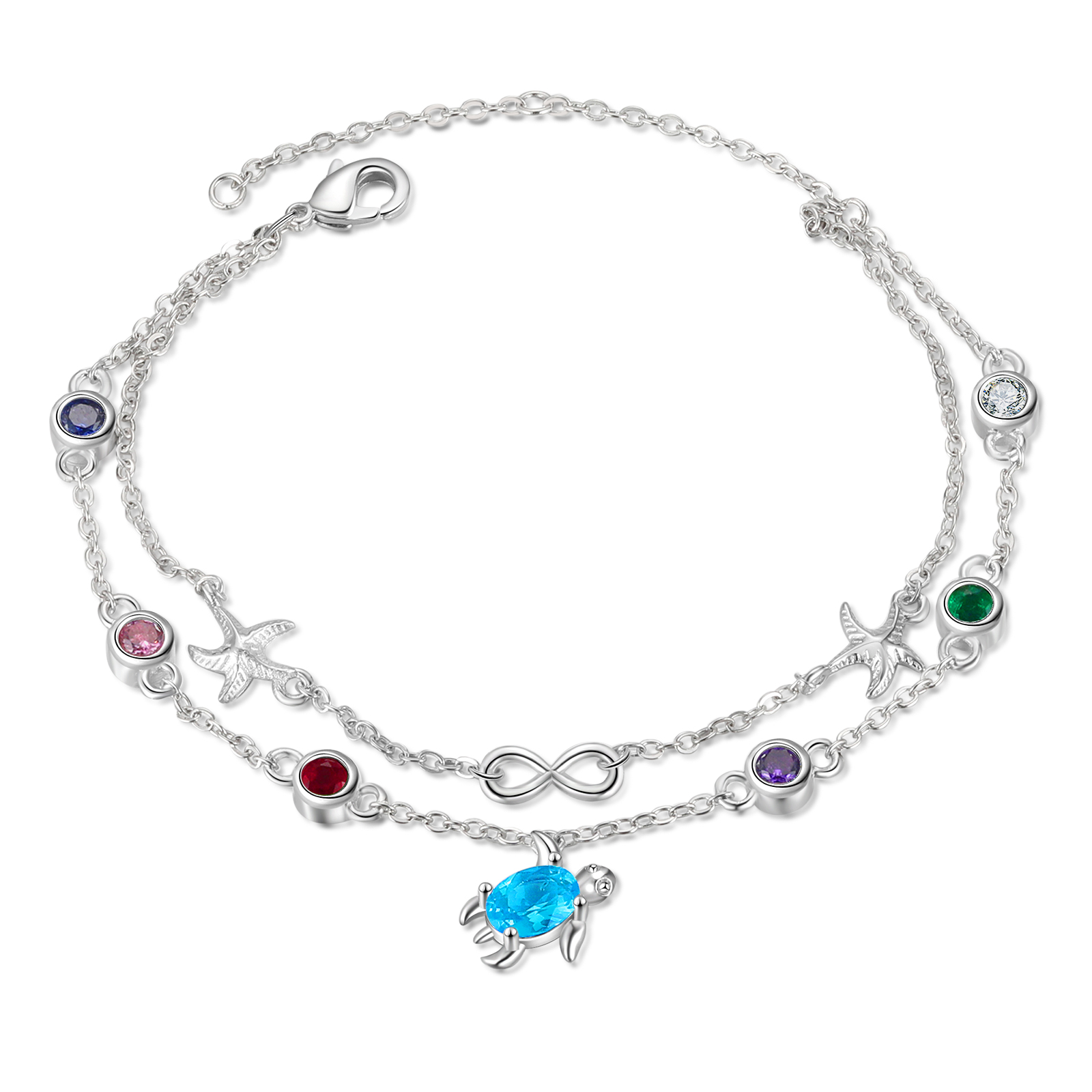 Personalisierte 5 Geburtssteine Seestern & Schildkröte Armband