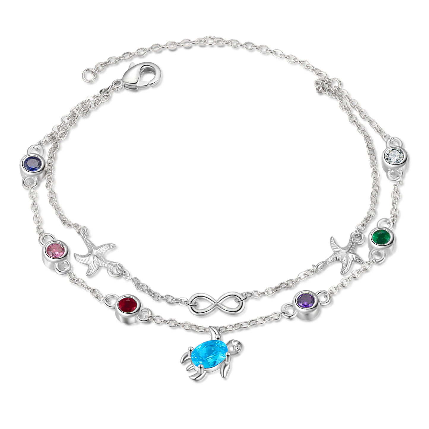 Personalisierte 5 Geburtssteine Seestern & Schildkröte Armband