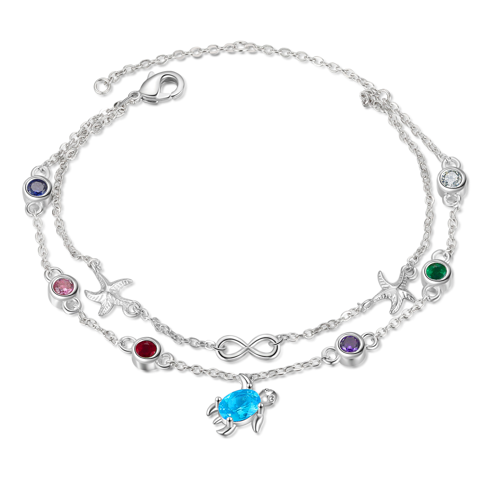 Personalisierte 5 Geburtssteine Seestern & Schildkröte Armband