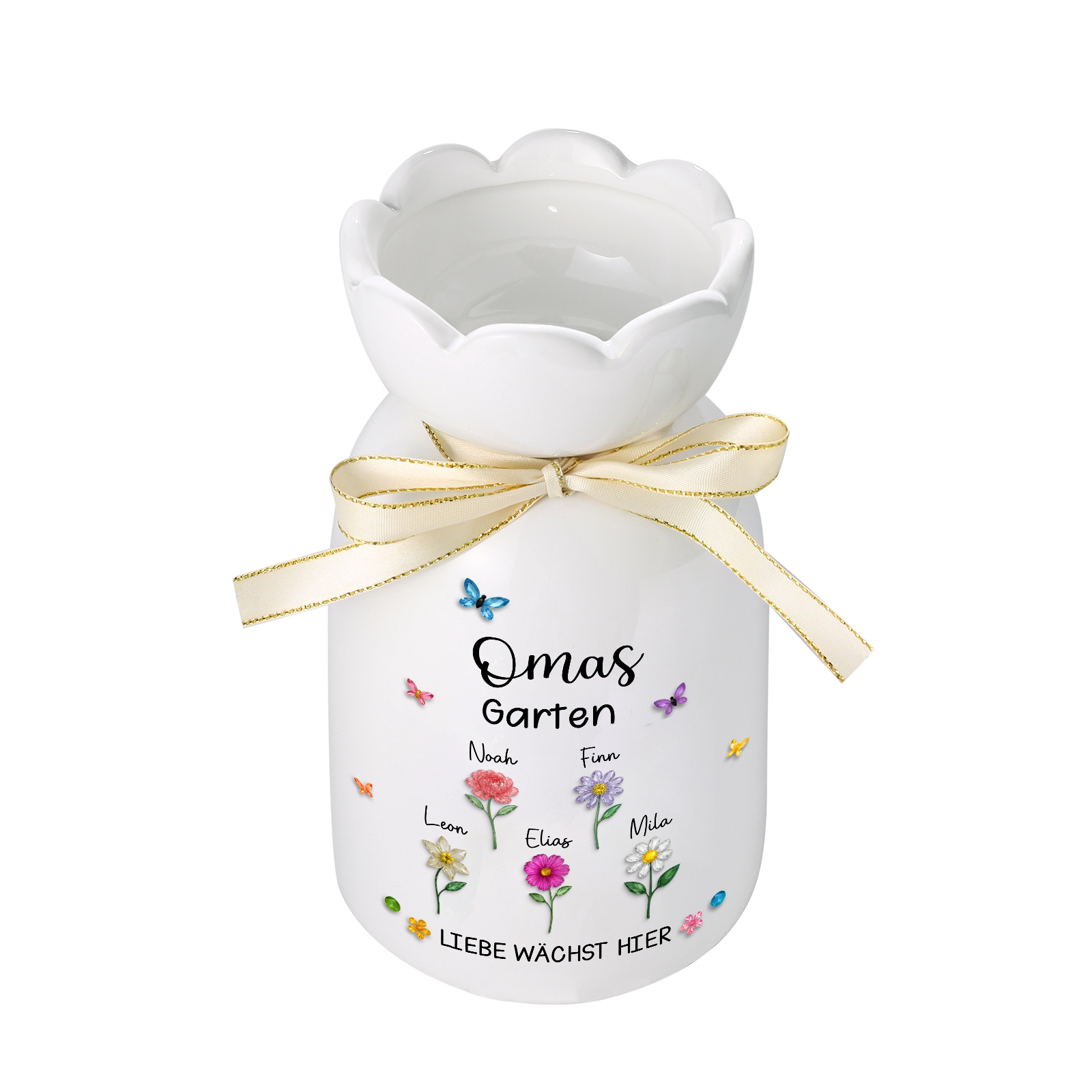 Personalisierte Vase „Mamas/Omas Garten“ mit Namen & Blumen der Kinder – Dekoratives Geschenk zum Muttertag/Großmuttertag