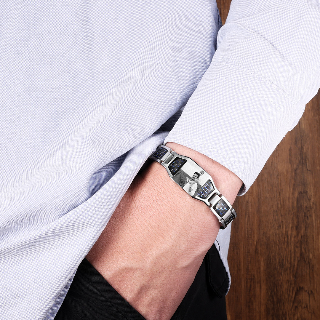 Herren Personalisierbarer Foto Magnetarmband Powerarmband mit 3 Magneten An meinen Mann Geschenk mit Nachrichtenkarte